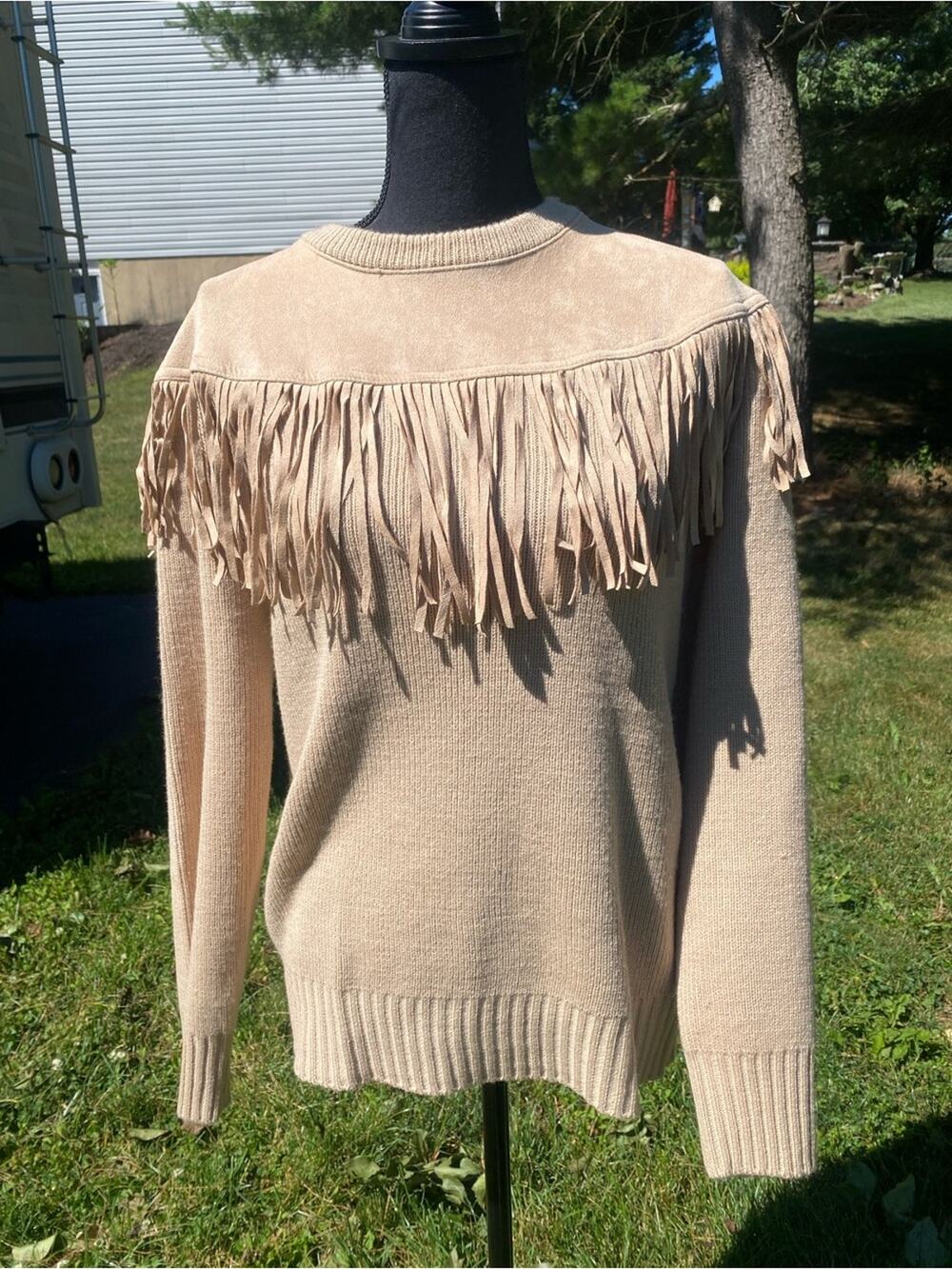 Rockin C Fringe Yoke Crewneck Sweater Beige Western Cowgirl Cozy Fall